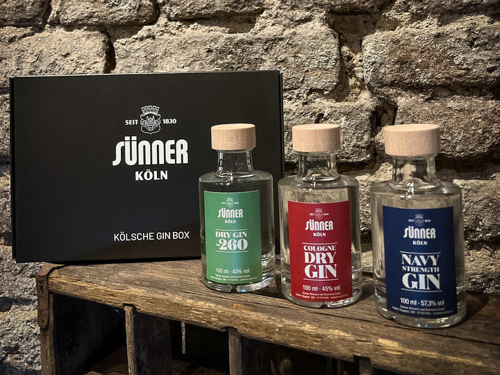 Kölsche Gin Box bestehend aus Sünner Dry Gin No. 260, Cologne Dry Gin und Navy Strength Gin